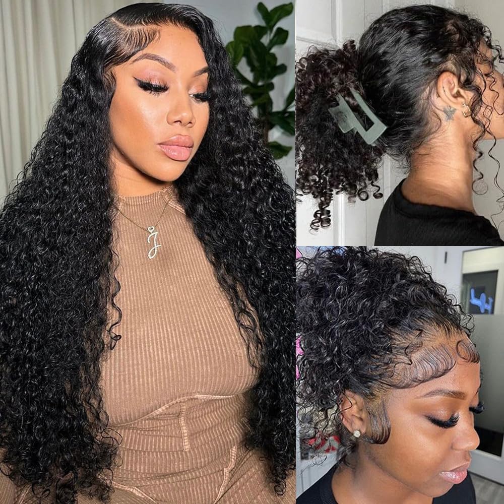 360 Deep Wave Lace Front Human Hair Wig Hidden Strap 360 Lace Front Wigs Human Hair Deep Wave Wig 180% Density Pre Plucked Drawstring Glueless HD Full Lace Front Wigs for Women