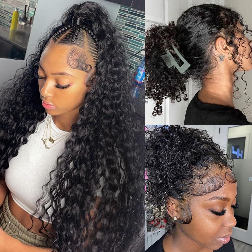 360 Deep Wave Lace Front Human Hair Wig Hidden Strap 360 Lace Front Wigs Human Hair Deep Wave Wig 180% Density Pre Plucked Drawstring Glueless HD Full Lace Front Wigs for Women