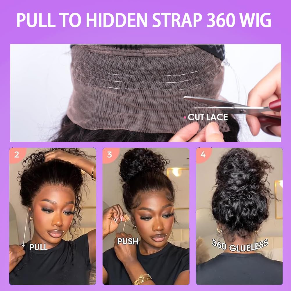 360 Deep Wave Lace Front Human Hair Wig Hidden Strap 360 Lace Front Wigs Human Hair Deep Wave Wig 180% Density Pre Plucked Drawstring Glueless HD Full Lace Front Wigs for Women