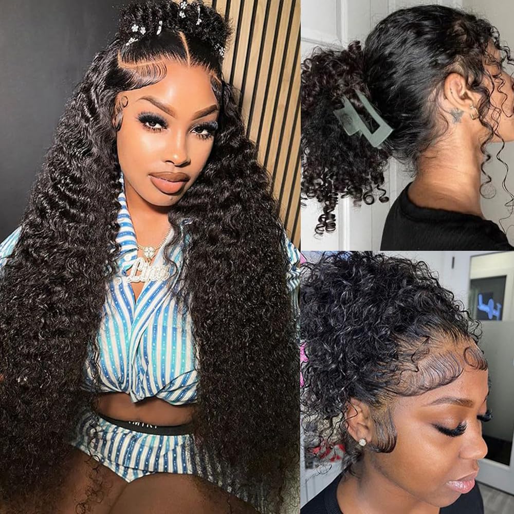 360 Deep Wave Lace Front Human Hair Wig Hidden Strap 360 Lace Front Wigs Human Hair Deep Wave Wig 180% Density Pre Plucked Drawstring Glueless HD Full Lace Front Wigs for Women