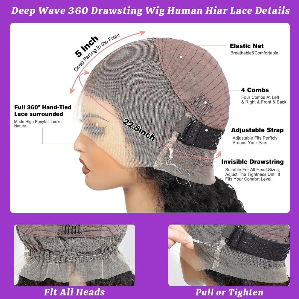 360 Deep Wave Lace Front Human Hair Wig Hidden Strap 360 Lace Front Wigs Human Hair Deep Wave Wig 180% Density Pre Plucked Drawstring Glueless HD Full Lace Front Wigs for Women