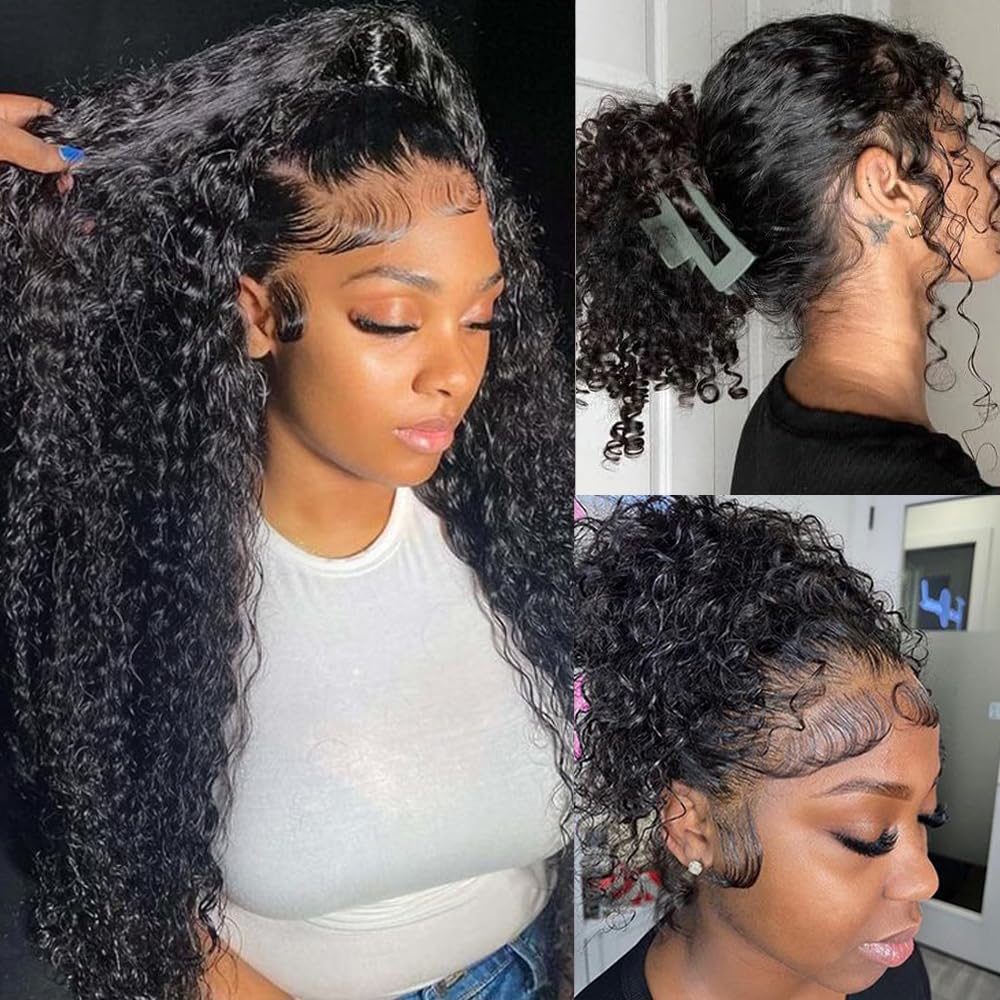 360 Deep Wave Lace Front Human Hair Wig Hidden Strap 360 Lace Front Wigs Human Hair Deep Wave Wig 180% Density Pre Plucked Drawstring Glueless HD Full Lace Front Wigs for Women